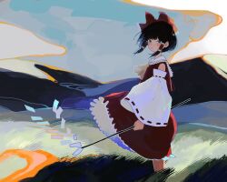 Rule 34 | 1girl, ascot, black hair, blush, bow, closed mouth, day, detached sleeves, gohei, grass, hair bow, hair tubes, hakurei reimu, holding, kawatiw, looking at viewer, outdoors, red bow, red skirt, ribbon-trimmed sleeves, ribbon trim, skirt, skirt set, solo, standing, touhou, wide sleeves, yellow ascot