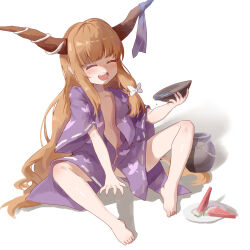 Rule 34 | 1girl, absurdres, alcohol, alternate costume, barefoot, blush, bow, brown horns, closed eyes, commentary request, cup, drunk, food, fruit, full body, hair bow, highres, holding, holding cup, horn ornament, horn ribbon, horns, ibuki suika, japanese clothes, kimono, light brown hair, long hair, naked kimono, name connection, object namesake, open mouth, purple kimono, purple ribbon, rangque (user vjjs4748), ribbon, round teeth, sakazuki, sake, sidelocks, simple background, sitting, smile, solo, teeth, toes, touhou, very long hair, watermelon, white background, white bow