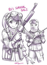 Rule 34 | 2girls, assault rifle, balaclava, commentary request, dated, ebifly, gloves, goggles, goggles on head, greyscale, gun, holding, holding gun, holding weapon, jacket, long sleeves, looking at viewer, military, military uniform, monochrome, multiple girls, original, ponytail, pouch, rifle, signature, simple background, smile, standing, trigger discipline, uniform, weapon, white background