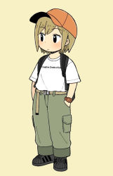 Rule 34 | 1girl, adidas, backpack, bag, black eyes, blonde hair, child, expressionless, female focus, full body, haaam, hands in pockets, hat, original, shirt, shoes, simple background, solo, standing, t-shirt, watch, wristwatch, yellow background