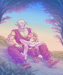 Rule 34 | 2boys, age difference, bald, blonde hair, blue sky, brown footwear, bush, child, closed eyes, colored skin, commentary request, dragon ball, dragonball z, evening, gradient sky, grass, green skin, hand in another&#039;s hair, highres, horizon, koukyouji, looking at another, multiple boys, muscular, muscular child, muscular male, on floor, onii-shota, orange sky, outdoors, piccolo, sky, son gohan, twilight