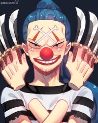 Rule 34 | 1boy, artist name, bbzico1267, black eyes, blue hair, buggy the clown, clown nose, commentary request, facepaint, facial hair, high ponytail, highres, holding, holding knife, holding weapon, knife, long hair, looking at viewer, male focus, official alternate costume, one piece, ponytail, prison clothes, red nose, shirt, short sleeves, signature, smile, solo, striped clothes, striped shirt, teeth, weapon