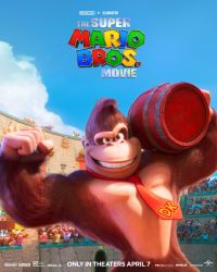 Rule 34 | animal focus, barrel, brown eyes, clenched hand, commentary, copyright name, crowd, diddy kong, dixie kong, donkey kong, donkey kong (series), english commentary, flexing, gorilla, highres, holding barrel, key visual, logo, looking at viewer, mario (series), necktie, nintendo, official art, promotional art, red necktie, smile, smug, solo focus, the super mario bros. movie