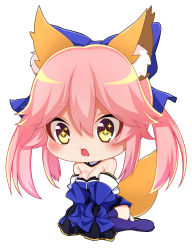 Rule 34 | 1girl, animal ears, bare shoulders, blue legwear, blush, breasts, chibi, cleavage, commentary request, detached sleeves, fate/grand order, fate (series), fox ears, fox tail, hair ribbon, highres, japanese clothes, kashima mashino, large breasts, open mouth, pink hair, ribbon, simple background, sitting, solo, star-shaped pupils, star (symbol), symbol-shaped pupils, tail, tamamo (fate), tamamo no mae (fate/extra), white background, yellow eyes