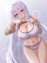 Rule 34 | 1girl, :o, absurdres, azur lane, blue hair, blush, breasts, brown sweater, cleavage, clothes lift, commentary request, gradient background, hair between eyes, highres, kearsarge (azur lane), large breasts, long hair, long sleeves, looking at viewer, multicolored hair, navel, nipples, open mouth, panties, purple eyes, qian hen, see-through, sidelocks, solo, sports bra, standing, sweater, sweater lift, thigh gap, two-tone hair, underwear, variant set, very long hair, white hair, white panties, white sports bra