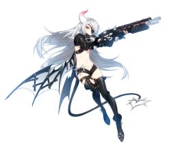 Rule 34 | 1girl, absurdres, closers, demon girl, demon tail, eyepatch, flat chest, full body, gloves, gun, highres, horns, leg up, long hair, nail polish, official art, partially fingerless gloves, red eyes, short shorts, shorts, silver hair, single horn, solo, tail, tekaru, thigh strap, thighhighs, tina (closers), transparent background, trigger discipline, very long hair, weapon, wings