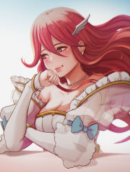 Rule 34 | 1girl, bare shoulders, blue bow, blush, bow, breasts, bride, closed mouth, collarbone, commentary, cordelia (bridal) (fire emblem), cordelia (fire emblem), counter, crossed arms, detached sleeves, dress, elbow gloves, english commentary, fire emblem, fire emblem awakening, fire emblem heroes, frills, gloves, hair between eyes, hair ornament, hand on own cheek, hand on own face, jewelry, long hair, looking to the side, magion02, necklace, nintendo, official alternate costume, red eyes, red hair, smile, solo, wedding dress, white dress