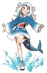 Rule 34 | 1girl, :o, animal hood, blue eyes, blue hoodie, blue nails, ddolbang, female focus, fins, fish tail, full body, gawr gura, gawr gura (1st costume), highres, hololive, hololive english, hood, hoodie, long sleeves, nail polish, open mouth, shark girl, shark hood, shark tail, shoes, short hair, simple background, smile, sneakers, solo, standing, standing on one leg, tail, twintails, virtual youtuber, water, white background, white footwear, white hair