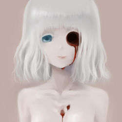 Rule 34 | 1girl, air-bird, bad id, bad pixiv id, blood, blue eyes, collarbone, eyelashes, guro, lowres, nagumo kuu, one-eyed, short hair, solo, white hair