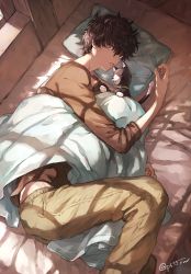 Rule 34 | 1boy, amamiya ren, animal hands, bed, brown shirt, cat, closed eyes, grey eyes, hair between eyes, indoors, looking at viewer, lying, male focus, morgana (persona 5), on bed, on side, pants, parted lips, persona, persona 5, pillow, sawa2, shirt, twitter username, window shadow