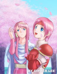 Rule 34 | 2girls, armor, blue eyes, capelet, cherry blossoms, cipher lee, elbow gloves, fire emblem, fire emblem: path of radiance, gloves, hairband, happy, headband, long hair, marcia (fire emblem), multiple girls, nintendo, open mouth, pegasus knight uniform (fire emblem), petals, pink hair, short hair, smile, tree, unknown person