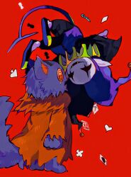 Rule 34 | 2boys, animal ears, barefoot, black footwear, black sclera, body fur, button eyes, card, cat ears, cat tail, chess piece, coat, colored sclera, colored skin, deltarune, demon tail, face-to-face, fangs, floating, floating object, fur-trimmed coat, fur trim, furry, furry male, hat, heart, highres, jester cap, jevil, key, male focus, multiple boys, neck ruff, no nose, orange coat, pants, playing card, pointy ears, purple fur, purple pants, purple skin, red background, seam (deltarune), simple background, smile, spade (shape), standing, tail, upside-down, y o u k a