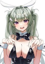 Rule 34 | :d, adjusting clothes, animal ears, antenna hair, bare shoulders, black bow, black bowtie, black leotard, bowtie, breasts, collarbone, detached collar, fake animal ears, goddess of victory: nikke, green hair, green nails, heart antenna hair, large breasts, leotard, light blush, long hair, looking at viewer, mole, mole on breast, nail polish, open mouth, pink eyes, playboy bunny, rabbit ears, simple background, smile, soda (nikke), soda (twinkling bunny) (nikke), strapless, strapless leotard, twintails, white background, wldrns232, wrist cuffs