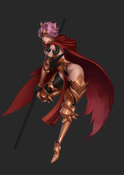 1girl absurdres armor ass cape character_request fake_horns full_body gloves gold grey_background hantata highres holding holding_weapon horns lips pink_eyes pink_hair serious spiked_hair staff weapon