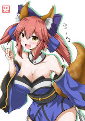Rule 34 | &gt;:d, 10s, 1girl, :d, \m/, animal ears, bare shoulders, blue kimono, blush, bow, breasts, brown eyes, cleavage, commentary request, detached collar, detached sleeves, fang, fate/extra, fate (series), female focus, fox ears, fox tail, hair bow, hair ribbon, happy, highres, japanese clothes, kimono, large breasts, long hair, long sleeves, looking at viewer, neck, obi, off shoulder, open clothes, open kimono, open mouth, orange hair, pink hair, purple bow, red hair, revision, ribbon, sash, short kimono, simple background, smile, solo, strapless, tail, tamamo (fate), tamamo no mae (fate/extra), translation request, twintails, type-moon, v-shaped eyebrows, white background, wide sleeves, yano toshinori