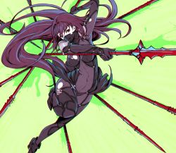 Rule 34 | 1girl, arm up, bodysuit, breasts, covered navel, covering own mouth, fate/grand order, fate (series), foreshortening, gae bolg (fate), green background, head tilt, holding, holding weapon, long hair, looking at viewer, mask, mouth mask, outstretched arm, parted lips, purple bodysuit, purple hair, red eyes, scathach (fate), scathach (first ascension) (fate), shoulder pads, simple background, skin tight, solo, utu (ldnsft), very long hair, weapon