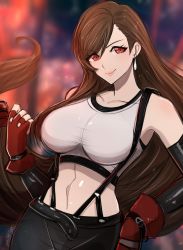 Rule 34 | 1girl, bare shoulders, black gloves, breasts, brown hair, city, cityscape, elbow gloves, eyebrows, final fantasy, final fantasy vii, final fantasy vii remake, fingerless gloves, gloves, highres, large breasts, lips, long hair, low ponytail, omiza somi, ponytail, red eyes, red gloves, signature, skirt, sports bra, square enix, suspender skirt, suspenders, swept bangs, tank top, tifa lockhart, undershirt, very long hair, white tank top