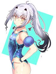 Rule 34 | 1girl, absurdres, alternate costume, aqua background, ass, blue one-piece swimsuit, breasts, closed mouth, ebora, fate/grand order, fate (series), from side, frown, grey hair, hair ornament, hand on own hip, highleg, highleg swimsuit, highres, inflatable armbands, long hair, looking at viewer, looking to the side, melusine (fate), melusine (swimsuit ruler) (fate), official alternate hairstyle, one-piece swimsuit, ponytail, sidelocks, small breasts, solo, swimsuit, two-tone background, v-shaped eyebrows, wedgie, wet, white background, yellow eyes