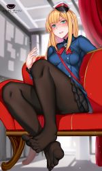 Rule 34 | 1girl, black pantyhose, black skirt, blonde hair, blue jacket, blush, breasts, commentary request, fate/grand order, fate (series), feet, flower, foot focus, from below, green eyes, hanada yanochi, hat, indoors, jacket, long hair, long sleeves, looking at viewer, lord el-melloi ii case files, medium breasts, pantyhose, parted lips, red hat, reines el-melloi archisorte, sitting, skirt, solo, teeth, translation request, white hat