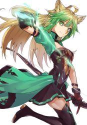 Rule 34 | 1girl, animal ears, arrow (projectile), atalanta (fate), black gloves, black thighhighs, blonde hair, bow (weapon), breasts, cat ears, closed mouth, fate/apocrypha, fate (series), gloves, green eyes, green hair, hair between eyes, highres, kofunami nana, long hair, looking at viewer, multicolored hair, puffy short sleeves, puffy sleeves, short sleeves, sidelocks, simple background, skirt, small breasts, smile, solo, thighhighs, two-tone hair, weapon, white background
