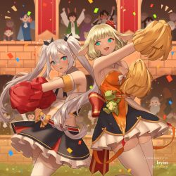 Rule 34 | 4girls, 6+boys, :d, animal ears, annelie (dragalia lost), bare shoulders, black skirt, blonde hair, blue eyes, bow, cheerleader, commentary, commission, confetti, crop top, day, dragalia lost, english commentary, frilled skirt, frills, hair between eyes, hentaki, highres, holding, horns, long hair, midriff, multiple boys, multiple girls, noelle (dragalia lost), notice lines, open mouth, orange bow, outdoors, outstretched arm, pom pom (cheerleading), red bow, shirt, silver hair, skirt, sleeveless, sleeveless shirt, smile, strapless, thighhighs, twintails, very long hair, watermark, white legwear, white shirt
