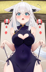 Rule 34 | 1girl, absurdres, animal ears, aqua eyes, bare shoulders, blurry, blurry background, breasts, china dress, chinese clothes, cleavage, cleavage cutout, clothing cutout, commentary request, cross-laced clothes, cross-laced dress, dress, fox ears, fox girl, fox tail, heart cutout, highres, hololive, medium breasts, medium hair, mogmog megmog, shirakami fubuki, sideless outfit, sleeveless, sleeveless dress, solo, tail, virtual youtuber, white hair