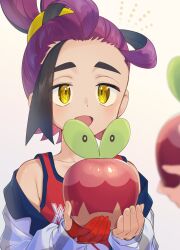 Rule 34 | 1boy, 1other, absurdres, apple, applin, black eyes, black hair, blurry, blurry foreground, collarbone, colored inner hair, colored sclera, commentary request, creatures (company), food, fruit, game freak, gen 8 pokemon, gloves, green sclera, highres, kieran (pokemon), male focus, multicolored hair, nintendo, open mouth, partially fingerless gloves, pokemon, pokemon (creature), pokemon sv, purple hair, red gloves, red shirt, shirt, simple background, sleeveless, sleeveless shirt, smile, solo focus, two-tone hair, upper body, white background, worm, yellow eyes, yupiteru