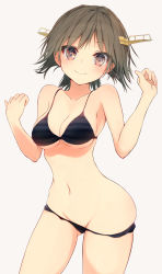 Rule 34 | 10s, 1girl, bare shoulders, bikini pull, blush, breasts, brown eyes, brown hair, cleavage, clothes pull, collarbone, cowboy shot, hiei (kancolle), highres, kantai collection, looking at viewer, medium breasts, portrait, short hair, smile, solo, standing, sune (mugendai), suneo, swimsuit, underboob, white background