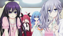 Rule 34 | 10s, 4girls, belt, blue eyes, blue hair, blush, breasts, cleavage, collar, crossed arms, date a live, glasses, grey hair, hair ornament, itsuka kotori, long hair, looking at viewer, multiple girls, murasame reine, necktie, open mouth, ponytail, purple eyes, purple hair, red eyes, red hair, serious, side ponytail, skirt, standing, twintails, yatogami tooka, yoshino (date a live)