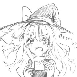 Rule 34 | 1girl, blush, commentary, d:, embarrassed, flying sweatdrops, graphite (medium), greyscale, hat, kirisame marisa, looking at viewer, monochrome, open mouth, sketch, solo, tears, touhou, traditional media, turtleneck, wavy hair, wavy mouth, witch hat, yururi nano