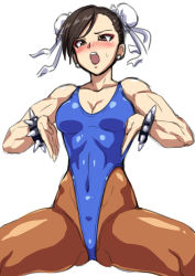 Rule 34 | 1girl, blue leotard, blush, bracelet, breasts, brown eyes, brown hair, brown pantyhose, bun cover, capcom, chun-li, cleavage, collarbone, commentary request, cowboy shot, double bun, hai (h81908190), haigure pose, hair bun, highleg, highleg leotard, jewelry, leotard, medium breasts, nose blush, pantyhose, solo, spiked bracelet, spikes, squatting, street fighter