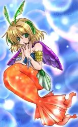 Rule 34 | 1girl, brown hair, flameshe, green eyes, own hands clasped, legend of mana, mermaid, monster girl, open mouth, own hands together, seiken densetsu, solo