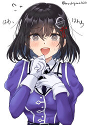 Rule 34 | 1girl, @ @, black hair, blush, breasts, brown eyes, chamumi (mochiumee), gloves, haguro (kancolle), hair ornament, jacket, kantai collection, long sleeves, looking at viewer, medium breasts, military uniform, open mouth, purple jacket, short hair, smile, trembling, twitter username, uniform, upper body, white gloves