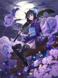 Rule 34 | 1girl, black hair, cherry blossoms, cloud, cloudy sky, commentary request, floral print, hair ornament, highres, hitodama, holding, holding sword, holding weapon, horns, japanese clothes, kimono, looking at viewer, medium hair, moon, night, original, over shoulder, purple eyes, sandals, sash, short kimono, sitting, skull, sky, smile, solo, sword, thighhighs, wasabi60, weapon, weapon over shoulder