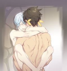 Rule 34 | 10s, 2boys, against wall, anal, back, barefoot, blue hair, blush, bottomless, brown hair, closed eyes, crying, highres, leg lock, male focus, male penetrated, mikleo (tales), multiple boys, muscular, nude, sex, sorey (tales), steam, sweat, tagme, tales of (series), tales of zestiria, tears, topless male, wince, yaoi, zehel az