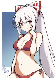 Rule 34 | 1girl, bikini, blue background, bow, breasts, cleavage, closed mouth, commentary request, fujiwara no mokou, groin, hair bow, highres, long hair, looking at viewer, medium breasts, navel, red bikini, red eyes, sidelocks, signature, smile, solo, swimsuit, tokoyuka th, touhou, white bow, white hair