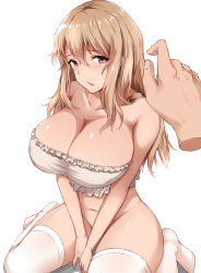 Rule 34 | 1girl, bare shoulders, blonde hair, blush, bottomless, bra, breasts, brown eyes, cleavage, collarbone, disembodied hand, embarrassed, frilled bra, frills, hair between eyes, huge breasts, lingerie, long hair, looking at viewer, male hand, moruta (sunu-pio), navel, original, parted lips, pov, pov hands, purple eyes, simple background, sitting, solo focus, thighhighs, thighs, transparent, underwear, v arms, wariza, wavy hair, white background, white thighhighs