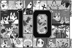 Rule 34 | 2boys, 6+girls, absurdres, amputee, android, annie (skullgirls), anniversary, arm cannon, batabatacz, beowulf (fate), big band, black dahlia, bomb, cerebella (skullgirls), clipboard, closed eyes, cyborg, double (skullgirls), eliza (skullgirls), explosive, eyepatch, fate (series), filia (skullgirls), fukua (skullgirls), grenade launcher, greyscale, gun, handgun, hat, highres, hungern (skullgirls), leviathan (skullgirls), long hair, monochrome, ms. fortune (skullgirls), multiple boys, multiple girls, musical note, open mouth, painwheel (skullgirls), parasoul (skullgirls), peacock (skullgirls), pistol, prosthesis, prosthetic arm, robo-fortune, sagan (skullgirls), scar, skullgirls, smile, squigly (skullgirls), star-shaped pupils, star (symbol), sword, symbol-shaped pupils, umbrella (skullgirls), valentine (skullgirls), weapon