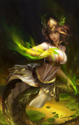 Rule 34 | 1girl, arm guards, armor, artist name, breasts, brown hair, cassiopeia (league of legends), character name, claw (weapon), cleavage, closed mouth, foliage, glowing, helmet, highres, jewelry, lake, lamia, large breasts, laurel crown, leaf, league of legends, lips, liquid, looking at viewer, monster girl, necklace, overskirt, sleeveless, slit pupils, smile, solo, weapon