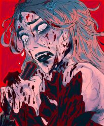 Rule 34 | 1girl, absurdres, bags under eyes, baldur&#039;s gate, baldur&#039;s gate 3, bare shoulders, black eyeshadow, black lips, blank eyes, blonde hair, blood, blood in hair, blood on face, blood on hands, bodysuit, circlet, close-up, colored skin, commentary, crying, crying with eyes open, dagger, detached sleeves, dungeons &amp; dragons, english commentary, eyeshadow, facing viewer, fangs, fingernails, from side, hands up, headpiece, highres, holding, holding dagger, holding knife, holding weapon, knife, long hair, makeup, messy, messy hair, open mouth, orin the red, portrait, red background, red bodysuit, red sleeves, sad, sharp fingernails, simple background, sobbing, solo, storb0t, tears, weapon, white skin