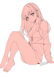 Rule 34 | 1girl, arm support, artist name, bare shoulders, barefoot, bikini, blush, braid, breasts, cleavage, closed mouth, collarbone, dated, head tilt, highres, jacket, jacket partially removed, knees up, long hair, long sleeves, looking at viewer, medium breasts, monochrome, original, simple background, sitting, smile, solo, swimsuit, unasaka ryou, white background