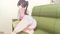 1girl artist_logo ass ass_focus bare_legs barefoot brown_hair commentary couch english_commentary feet foot_out_of_frame from_behind highres indoors keihh kneepits legs long_hair looking_at_viewer looking_back on_couch paid_reward_available pillow ponytail shorts smile soles solo suou_yuki thighs tokidoki_bosotto_roshia-go_de_dereru_tonari_no_alya-san white_shorts
