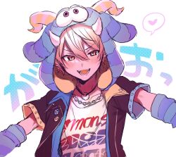Rule 34 | 1boy, animal hood, arm warmers, badge, black jacket, blonde hair, blue jacket, blush, button badge, casual, chain, chain necklace, chanms, clothes writing, collarbone, commentary, double-parted bangs, fake horns, gradient hair, gradient text, hair between eyes, heart, hibiku twilight parade (project sekai), hood, hood up, hooded jacket, horns, jacket, jewelry, looking at viewer, lower teeth only, male focus, multicolored clothes, multicolored hair, multicolored jacket, necklace, official alternate costume, open mouth, orange hair, pendant, project sekai, roaring, shirt, short hair, short sleeves, simple background, smile, solo, sound effects, spoken heart, t-shirt, teeth, tenma tsukasa, upper body, white background, yellow jacket