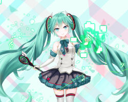 Rule 34 | 1girl, absurdres, black skirt, blue bow, blue eyes, blue nails, bow, c309657344, collared shirt, commentary request, eighth note, elbow gloves, fingerless gloves, gloves, green hair, hair between eyes, hand up, hatsune miku, highres, holding, holding microphone, magical mirai (vocaloid), magical mirai miku, magical mirai miku (2017), microphone, musical note, nail polish, plaid, plaid bow, pleated skirt, shirt, skirt, sleeveless, sleeveless shirt, solo, thighhighs, treble clef, twintails, vocaloid, white gloves, white shirt, white thighhighs