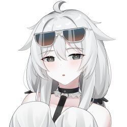 1girl absurdres ahoge aurilia_(user_8748) bare_shoulders black_choker blush choker eyewear_on_head frilled_choker frills grey_eyes grey_hair hair_intakes hair_ornament hair_scrunchie highres long_hair looking_at_viewer no._21:_xxi_(solar_frost)_(pgr) no._21_(pgr) punishing:_gray_raven scrunchie sidelocks sleeves_past_fingers sleeves_past_wrists solo sunglasses twintails unkempt white_background