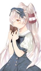 Rule 34 | 10s, 1girl, alternate costume, amatsukaze (kancolle), bad id, bad pixiv id, blue dress, blue ribbon, book, buttons, dress, hair ribbon, hair tubes, highres, holding, holding book, kantai collection, long hair, mao ge, puffy short sleeves, puffy sleeves, ribbon, short sleeves, silver hair, simple background, solo, two side up, white background, yellow eyes