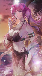 1girl absurdres bare_shoulders beach bikini black_bikini breasts cocktail_glass cowboy_shot cup drinking_glass eyewear_on_head highres holding holding_cup honkai:_star_rail honkai_(series) kafka_(honkai:_star_rail) large_breasts long_hair navel ponytail prene purple_eyes purple_hair sarong smile solo sunglasses swimsuit