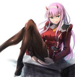 Rule 34 | 10s, 1girl, :q, aqua eyes, ass, black pantyhose, breasts, closed mouth, clothes pull, commentary request, darling in the franxx, feet, hair between eyes, headband, herozu (xxhrd), horns, knees up, legs together, long hair, long sleeves, looking at viewer, medium breasts, no shoes, pantyhose, pantyhose pull, pink hair, red shirt, shirt, simple background, sitting, smile, solo, tongue, tongue out, uniform, white background, white headband, zero two (darling in the franxx)