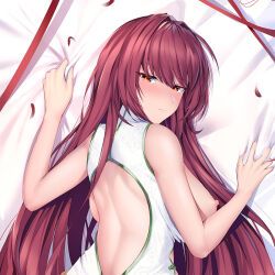 Rule 34 | 1girl, back cutout, bed sheet, blush, breasts, china dress, chinese clothes, clothing cutout, dakimakura (medium), dress, fate/grand order, fate (series), feng mouren, from behind, large breasts, long hair, looking back, nipples, orange eyes, purple hair, red ribbon, ribbon, scathach (fate), sheet grab, solo, white dress
