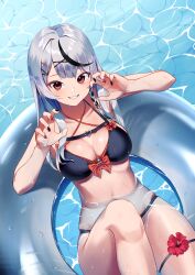 Rule 34 | 1girl, absurdres, bikini, black bikini, bow, breasts, claw pose, collarbone, eyelashes, flower, gloves, grey hair, grin, hair ornament, hairclip, hibiscus, highres, hololive, innertube, large breasts, long hair, looking at viewer, multicolored nails, orange bow, painapo, red flower, red gloves, sakamata chloe, smile, swim ring, swimsuit, virtual youtuber, water